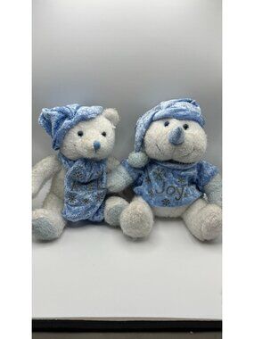 Noel & Joy Holiday Plush Bear & Snowman Set Blue Velour Accents Winter Decor Col
